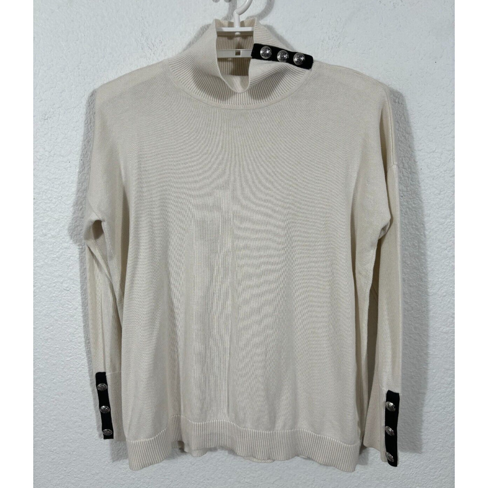 Lauren Ralph Lauren Turtleneck Sweater Size L Ivory Emblem Buttons Modal‎ Blend